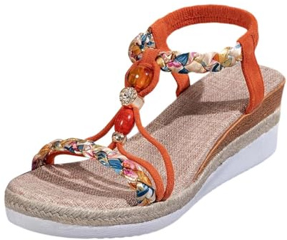 Generisch Sandalias boho para mujer con perlas, plantilla ligera, plantilla cómoda, estilo informal de verano, puntera abierta, talón libre, diseño de cuña para vacaciones, playa, ocio diario, naranja