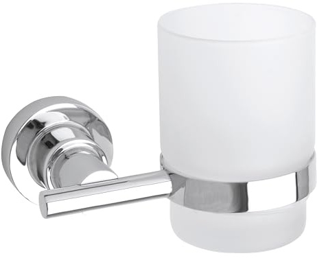 tesa LUUP Zahnputzbecher mit Halterung - 120 mm x 95 mm x 100 mm | Zahnbürstenhalter zur Wandbefestigung ohne Bohren - aus satiniertem Glas und verchromtem Metall - inkl. Klebelösung
