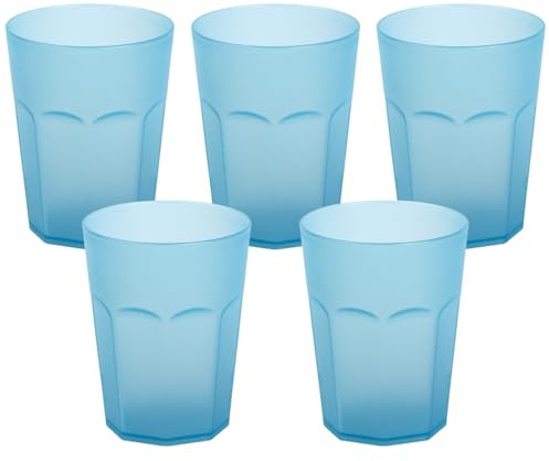 Engelland - 5 x Plastikbecher, Trinkbecher, Hell-Blau, Frostoptik, 400 ml, Eichstrich, bruchfest, stapelbar, Mehrweg, Kunststoff, wiederverwendbar, Party-Becher, Trink-Glas