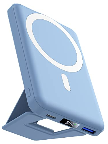 AOGUERBE Wireless Power Bank, 10000mAh Faltbarer Magnetische Powerbank Mini PD 22,5W Schnellladen mit LED Display, Kompatibel mit MagSafe für iPhone 16/15/14/13/12 Plus/Mini/Pro/Pro Max (Hellblau)