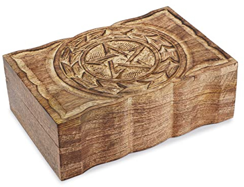 Ajuny Handgeschnitzte Dekorative Box aus Holz mit Mond Stern Schnitzereien Vielseitig Einsetzbar als Schmuckaufbewahrung Schmuckhalter Andenken Reise Schatztruhe Tolle Geschenke, 9x6 Zoll