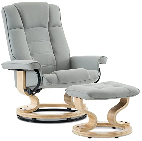 M MCombo Relaxsessel mit Hocker, 360°drehbarer Fernsehsessel mit Liegefunktion, bis 120 Kg belastbarer TV-Sessel, moderner Ruhesessel für Wohnzimmer, Mikrofaser, 9019 (Hellgrau-Mikrofaser)