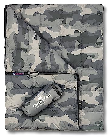 Get Out Gear Daunen-Campingdecke, bauschig, verstaubar, leicht und warm, ideal für Outdoor, Reisen, Stadion, Festivals, Strand, Hängematte, 650 Füllkraft, wasserabweisend, Rucksackreisen