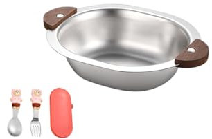 Molinter Kinderteller Edelstahl Ovale Servierplatten Edelstahlschüssel Bärenschüssel mit Griff Löffel Dessertschale Für Kinder (A)
