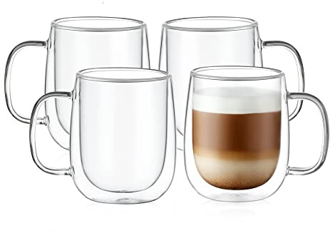 CNGLASS Large Double Wall Glass Coffee Mug 15.2oz,Clear Insulated Glass Espresso Cup with Big Handle,Clear Glass Espresso Mugs for Latte,Cappuccino,Tea Bag,Hot and Cold Beverages,set of 4