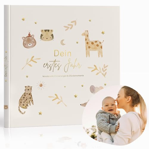 MeinBaby123® Babyalbum Dein erstes Jahr hochwertig vergoldet mit 136 Ausfüllseiten | Geschenk zur Geburt, Babygeschenke, | Babytagebuch zum ausfüllen für Meilensteine im 1. Lebensjahr(boho beige)