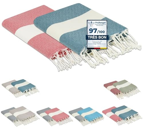 furora HOLIDAY Telo Mare (2 pezzi) Grande, cotone 100x200 cm | Telo Spiaggia antisabbia | Asciugamano Mare Fouta, frange e angoli, Pareo Donna Uomo Ragazzi | Pic Nic Beach Towel Coperta, lungo leggero
