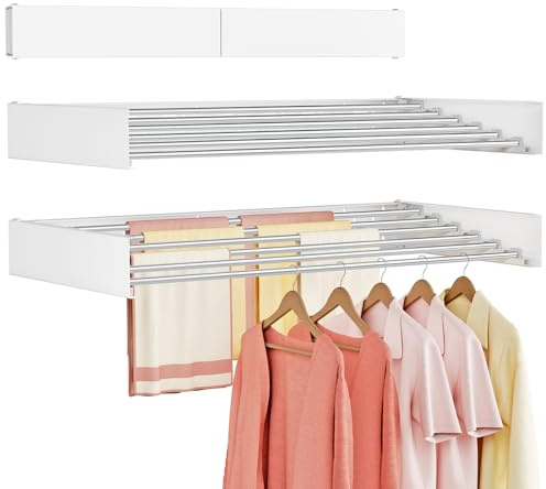Vasunray Wall Mounted Clothes Drying Rack Folding Indoor, Foldable Laundry Drying Rack Collapsible,Invisible, Space Saving, Retractable Towel Drying Rack, with Wall Template(6 Drying Rods, White 40)