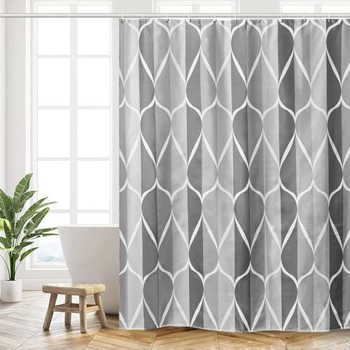 HANFU Duschdraperi 180 x 200 cm, tvättbart polyester duschdraperi, snabbtorkande duschdraperier med 12 krokar, badkarsgardin för hem hotell, viktad fåll, grå vågor