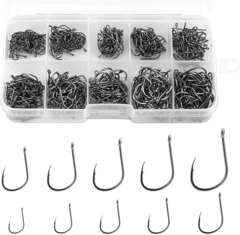 500 Pcs Fishing Hooks in 10 Sizes No.3-No.12 Carbon Steel Barbed Circle Eyed Hooks Fishing Sea Fish Eyeless Hooks Carp Fishing Tackle with Compartment Box for Saltwater Freshwater Fishing Accessories