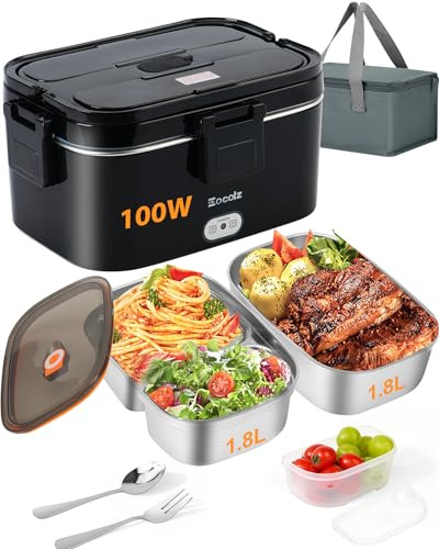 Eocolz Lonchera Eléctrica - Contenitore elettrico per alimenti, 100 W, con doppio contenitore, 1,8 l, portatile, riscaldato, per auto, camion, lavoro, forchetta e cucchiaio in acciaio inox, 12/24/110
