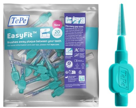 TePe EasyFit™ Mellanrumsborste, Turkos, Strl S/M, 20-pack, effektiv rengöring mellan tänderna, passar små till medelstora mellanrum, plackborttagning