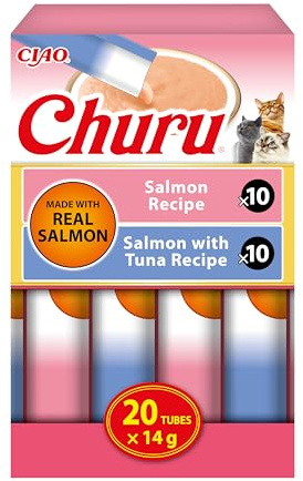 INABA Churu Salmon Cremige Katzenleckerlis, Ohne Getreide & Zucker, zum Füttern aus der Hand, Rezepte mit Lachs und Thunfisch, Hochwertige Zutaten, Hoher Feuchtigkeitsgehalt, Variety Pack 20 × 14 g
