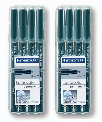 STAEDTLER 318-9 WP4HZ Lumocolor permanent F Display Pen schwarz, 8 aufstellbare Box (2), 2x 4er | 4x F | Permanent, schwarz, 8