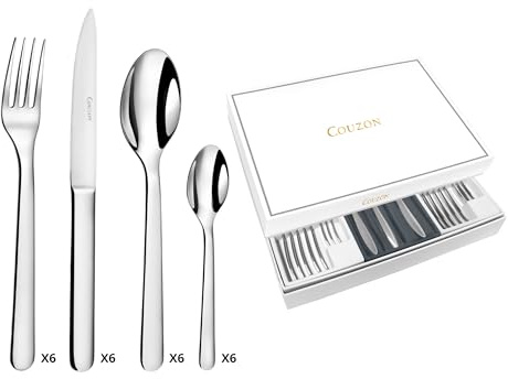 COUZON - Ménagère 24 couverts de table en coffret pour 6 personnes - Alkaline - Acier inoxydable 18/10, Finition Miroir, Epaisseur 4 mm - Inox