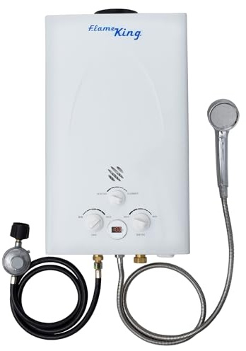 Flame King Portable Tankless Water Heater Propane Gas 10L 2.64 GPM at 68,000 BTU, Outdoor Instant Hot Water Shower for RV, Camping, Farm, Cabins