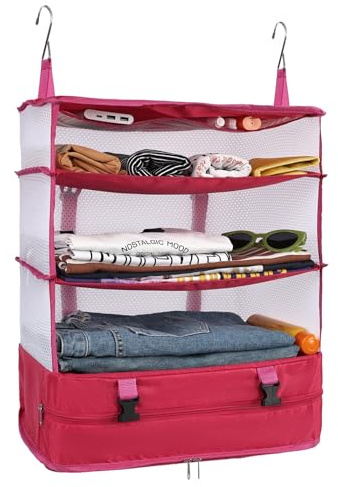 Surblue Kleiderschrank-Organizer zum Aufhängen 3 Ebenen faltbar, waschbarer Oxford-Stoff mit 2 Haken Rose XL