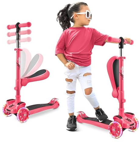 Scooter für Kinder – Räder LED-Lichter, Verstellbarer Lenker, klappbarer Sitz – Sitz- Oder Stehfahrt mit Bremse für Jungen (Einheitsgröße, Watermelon)