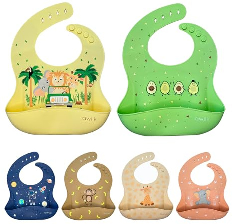 AWIIK 2 Pcs Babero Silicona Extra Suave para Bebes y Niños. Baberos de alimentación con Bolsillo. Ajustable 4 tamaños. Ergonómico. Impermeable. Con Recolector Alimentos.