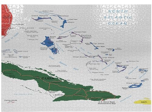 ABAKUHAUS Fernweh Puzzle, Bahamas Karte Beach Ocean, Heirloom-Qualität lustige Aktivität für die Familie langlebiger Karton, 1000 Stücke, Jäger-Grün, Blau, Rot