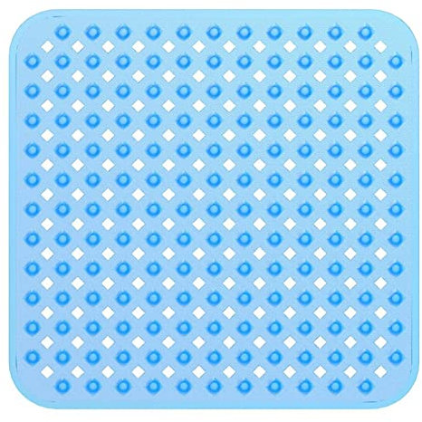 Alfombra de Ducha cuadrado Con Orificios De Drenaje Y Ventosas, Antideslizante, antimoho, Lavable a máquina, para Plato de Ducha a RAS de Suelo, Ideal para niños y Ancianos, 5(Color:Azul transparente)
