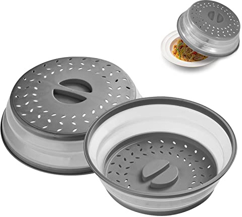 2 Pack Collapsible Microwave Cover Splatter Proof Food Plate, 10.5 inch Round With Grip Handle, Kitchen Gadgets Dishwasher Safe and BPA Free