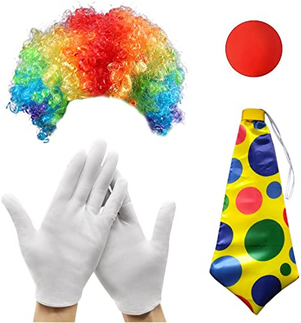 MIVAIUN Clownkostym set – regnbågsperuk, vita handskar, näsa, slips (4 delar)