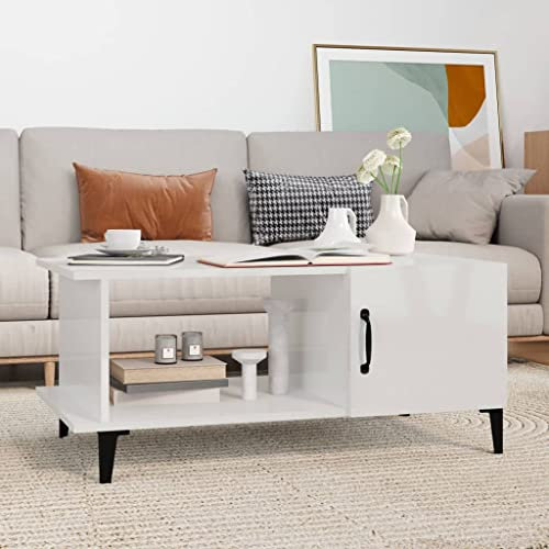 FIRBNUS Couchtisch Weiß Hochglanz Wohnzimmertisch Modern 90x50x40 cm Side Table Beistelltisch Stilvollen Kleiner Tisch Wohnzimmer Coffee Table Coutischtisch Sofatisch Holzwerkstoff Metall