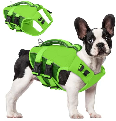 ASENKU Giubbotto Salvagente per Cani con Maniglia di Salvataggio, Giubbotto Salvataggio Cane con Elevata Galleggiabilità, Giubbotto di Sicurezza Cane Leggero Ripstop con Strisce Riflettenti Verde XS
