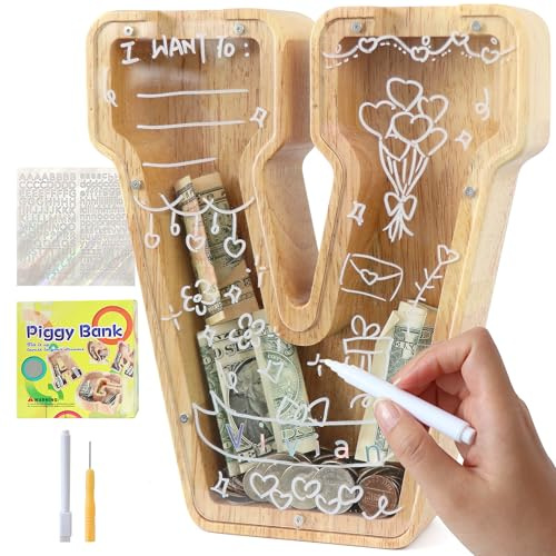 Lakpopya Spardose Kinder Jungen, Personalisiert Holz A-Z Sparschwein | Durchsichtig Buchstabe A-Z Sparbüchse für Kinder Mädchen Erwachsene mit Aufklebern und Filzstift, Taufe Geschenk Dekoration