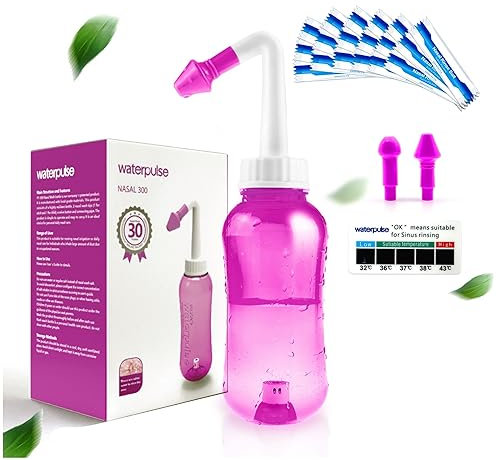 Flacon de rinçage nasal 300 ml Neti Pot Appareil d'irrigation nasale Système d'irrigation nasale et thermomètre autocollant pour adultes et enfants Sans BPA (300 ml avec 30 sachets de sel,Rose)