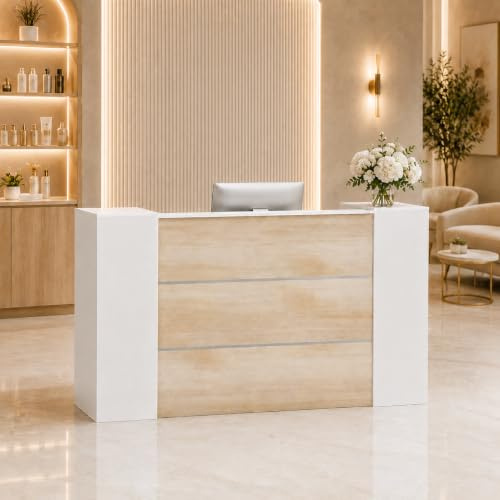 DEZAGCE Banchi di reception, grandi banchi di ricevimento, cassette di reception con ripiani regolabili, cassette di ricevimento, bancone della reception, bancone di colore legno e bianco, 180 x 60 x