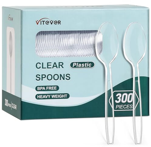 [300 Count] Clear Heavy Duty Plastic Spoons, Disposable Silverware Spoons Bulk, Plastic Cutlery Utensils Set, Solid