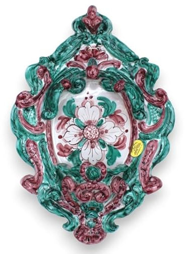 Acquasantiera in Ceramica Siciliana - h 30 x L 20 cm ca. Decoro Floreale su Fondo Verde e Bordeaux MD2