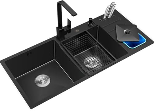 DECORN Fregadero Cuenco Doble con Grifo Extraíble, Caja Porta Cuchillos, Escurridor Reversible + Desagüe Gratis Fregadero de Montaje Superior o Empotrado,120x50cm
