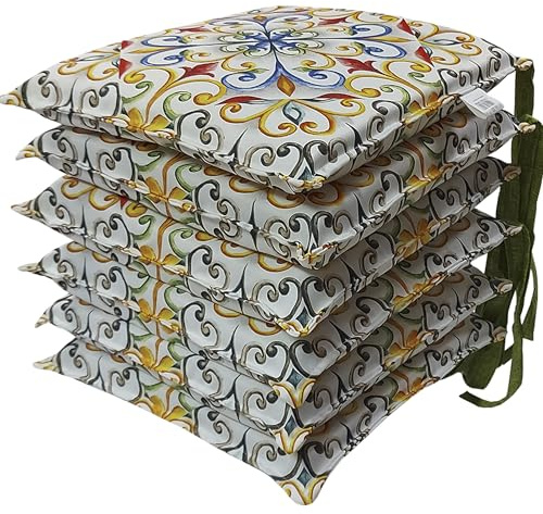 HABITA 33 HOME 6er Set Stuhlkissen 40x40x5 cm – Abnehmbare Sitzkissen mit Bändern – Waschbare Kissenbezüge mit Digitaldruck – Weiche Sitzauflagen für Küche & Esszimmer (6, Giglio Land)