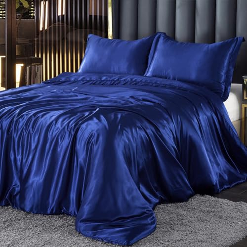 DXHOME Bettwäsche Satin 135x200 Blau Glänzend Seiden Einfarbig Bettwäsche-Sets Glatt Luxus Glanzsatin e Bettwäsche Bettbezug Set Microfaser Einzelbett mit Reissverschluss und Kissenbezug 80x80 cm