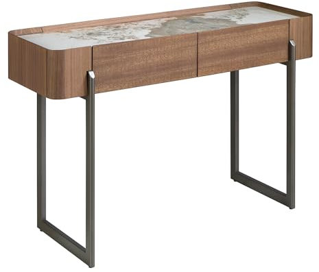 Ángel Cerdá- Consola Rectangular - Mármol Porcelánico y Nogal - Acero Oscuro Metalizado - Elegante y Moderna - Muebles de Salon - Mesa Auxiliar - Mueble Recibidor -Mesa Entrada -120 x 40 x 76 cm