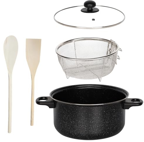 Almineez 5pc Black Marble Non Stick Chip Pan Set Fryer Deep Fat Frying Basket Pot W Glass Lid 2l - 24cm Suitable for Gas, Electric and Solid Hotplates