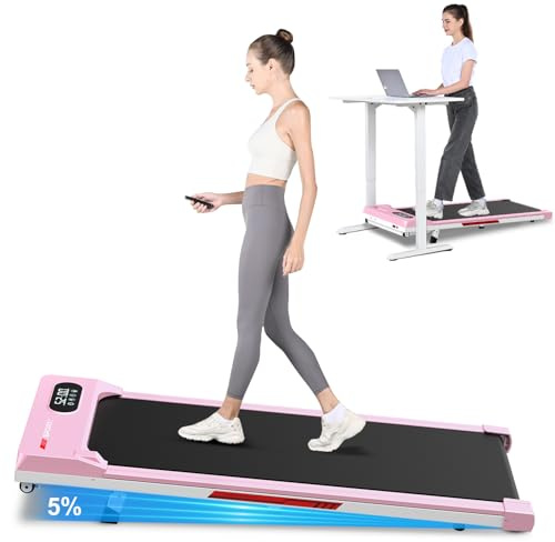 HomeFitnessCode Walking Pad Treadmill with Incline, 8km/h Under Desk Portable Treadmills for Home, Compact & Small, Ultra Quiet with LED Display, Remote Control (Pink)