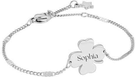 Kleeblatt Armband personalisiert mit Name | Kinder & Damen | Weihnachtsgeschenk & Glücksbringer | Freundschaftsarmband, Taufgeschenk | Schmuck in Silber, Gold, Roségold