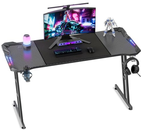 Soontrans Scrivania Gaming, Accendi la Passione, Scrivania Gaming con LED & Tappetino per Mouse & Gancio per Cuffie & Supporto per Tazza, Fibra di Carbonio & Acciaio al Carbonio (140 x 60 cm)