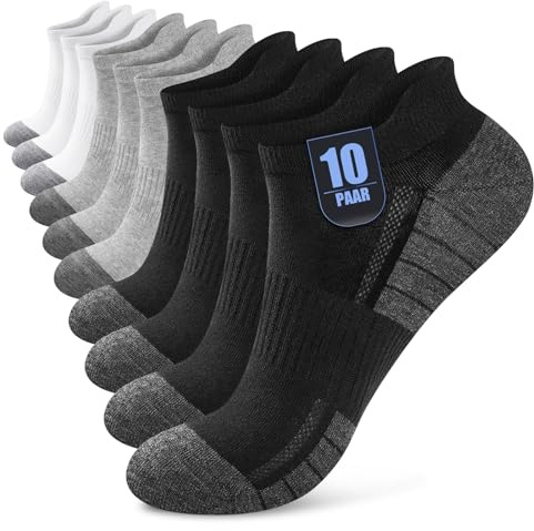 Effeet 10 Pares Calcetines Tobilleros Hombre Mujer, Calcetines Cortos Algodón Transpirables, Ideales para Deporte, Correr, Casa, Trabajo, Verano, Negro Blanco Gris 39-42