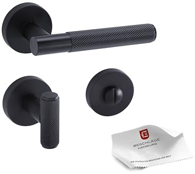 Beschläge Hamburg | Türgriff Türbeschlag MUNICH-X 07 SM WC | Bad Türklinke mit Gitternetzstruktur für Toiletten Innentüren | Karomuster Drückergarnitur | ø51x10mm | Türdrücker in schwarz matt