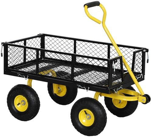 Outsunny Carrello da Giardino con 4 Ruote Capacità 200 kg, Carretto Carrello da Trasporto Multiuso Portalegna Attrezzi in Acciaio con Pareti Laterali Rimovibile e Maniglia Girevole, 104x54x51cm, Nero