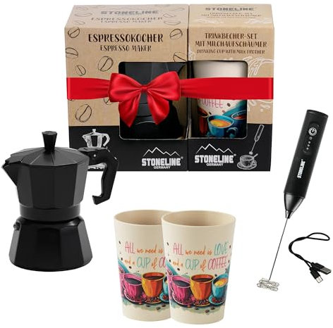 STONELINE Cafetera Italiana Inducción 4 Tazas 170 ml, Cafetera Espresso Moka de Aluminio Fundido, para Todo Tipo de Cocinas incluida Inducción, Juego Café Exprés con Vasos y Espumador, Negro
