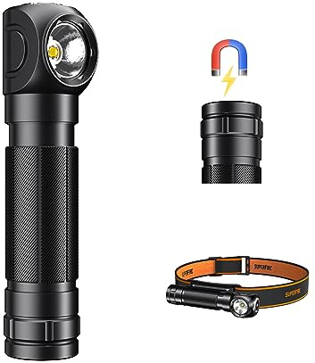 SuperFire Stirnlampe LED Wiederaufladbar, Taschenlampe 90 Grad EDC Rechtwinklige Stirnlampen, Magnetische Handgehaltene Schwanztaste 5 Lichtmodi IP42 Wasserdicht für Wandern Outdoor Notfälle Camping