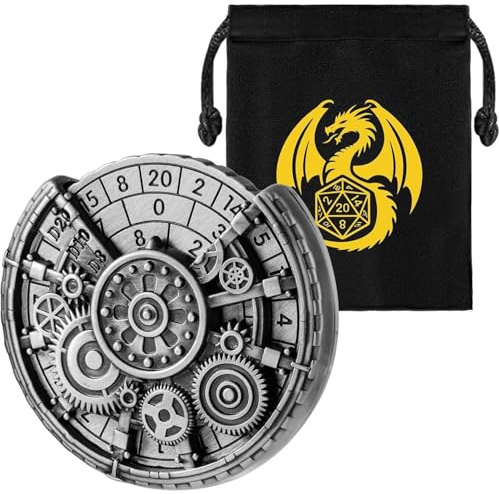 Ingranaggio Roulette Dadi Spinner, 7-in-1 Metallico Spinner Dadi DND, Ruota Ingranaggio Fidget Spinners, Regali di D&D con Sacchetto Regalo Logo Drago, Accessori per Giochi da Tavolo, Argento Scuro