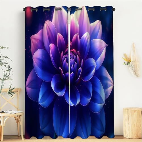 GSAEIMCT Cortinas Opacas Modernas 3D con Ollaos (2 Piezas) – Azul Oscuro Hermosa Dalia Plantas De Fantasía Cortinas Térmicas para Salón,Dormitorio O Habitación,132 X 160 Cm