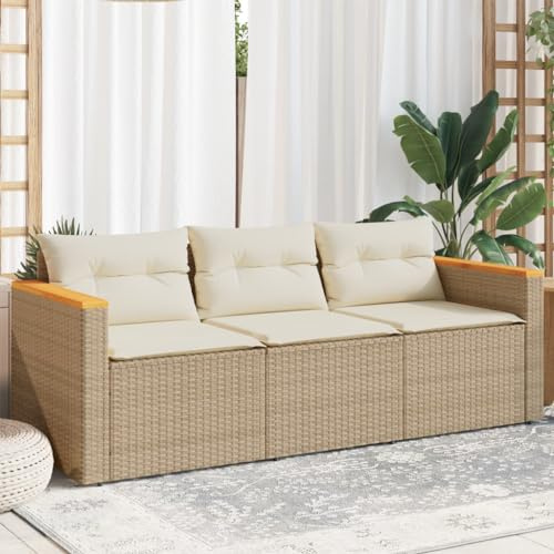 Refined Gartensofa 3-Sitzer, Loungesofa Sofa mit mit Kissen, Sitzgruppe Stahlrahmen, Gartenmöbel Lounge Rattanmöbel (Beige)